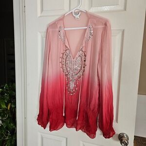 Ludi Pink Red Ombre Beaded Desert Boho Smocked Waist Long Sleeve Festival Top XL